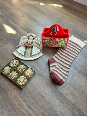 Christmas Holiday Decor Bundle - Angel, Stocking, Boxed Ornaments, Striped Sock